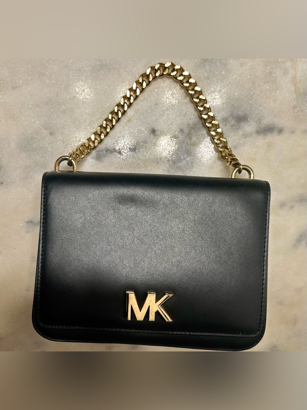 Michael Kors Mott Chain Shoulder MK Black Leather Flap Bag Purse